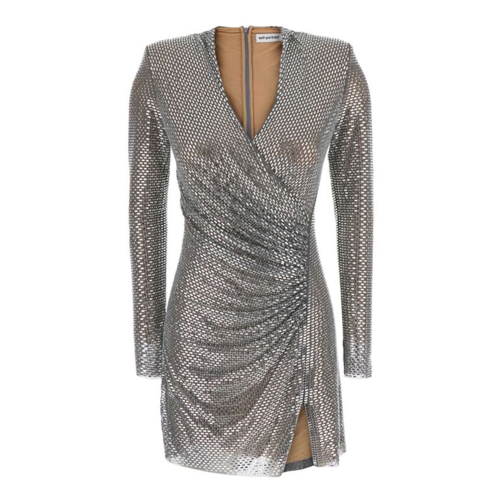 Self-Portrait Women Mini Dress With Draping And Mesh, Tech Fabric, Gray, Woman